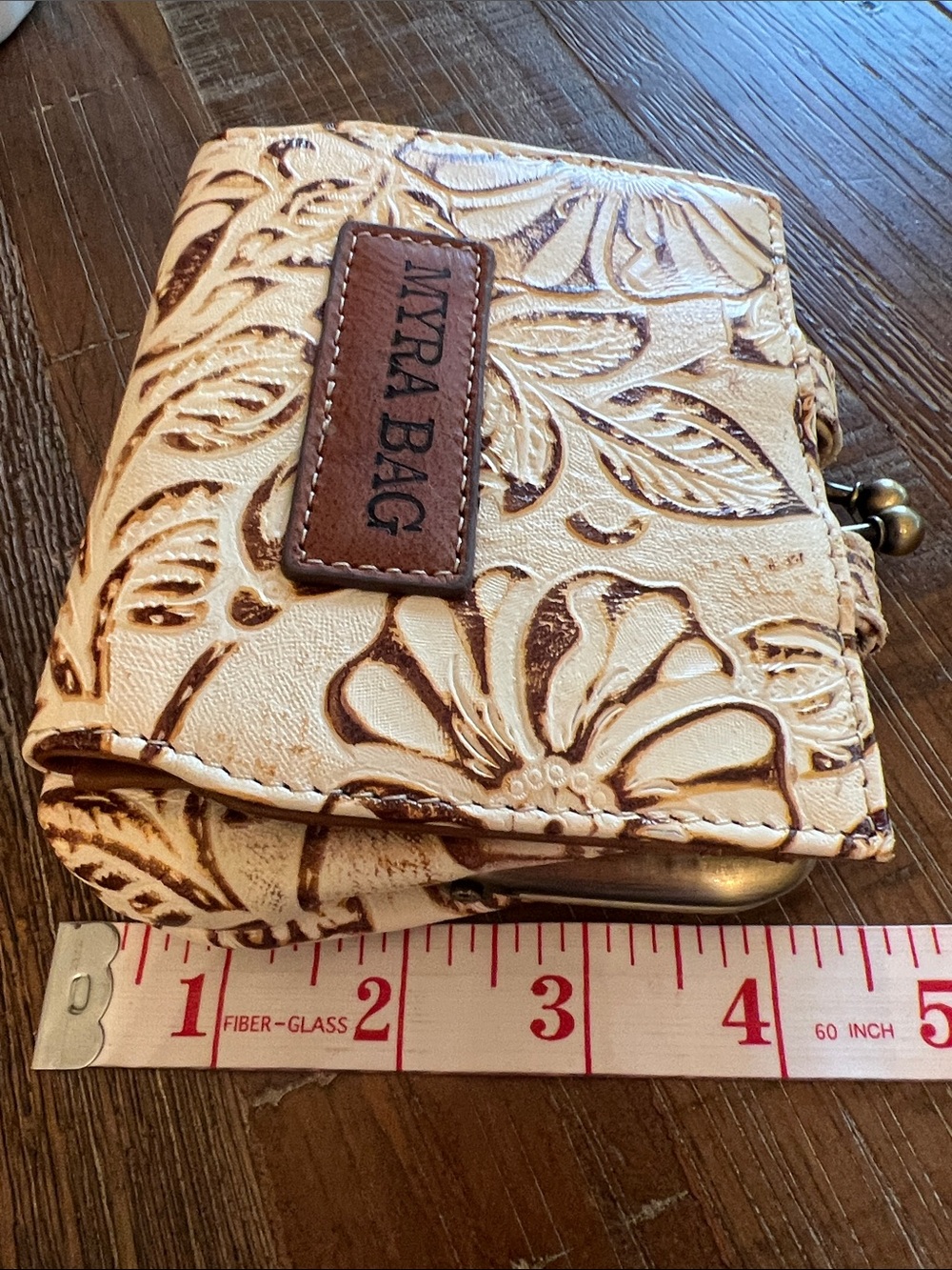 Myra Bag Cream and Brown Floral Embossed Coin Leather Wallet - Picture 9 of 9